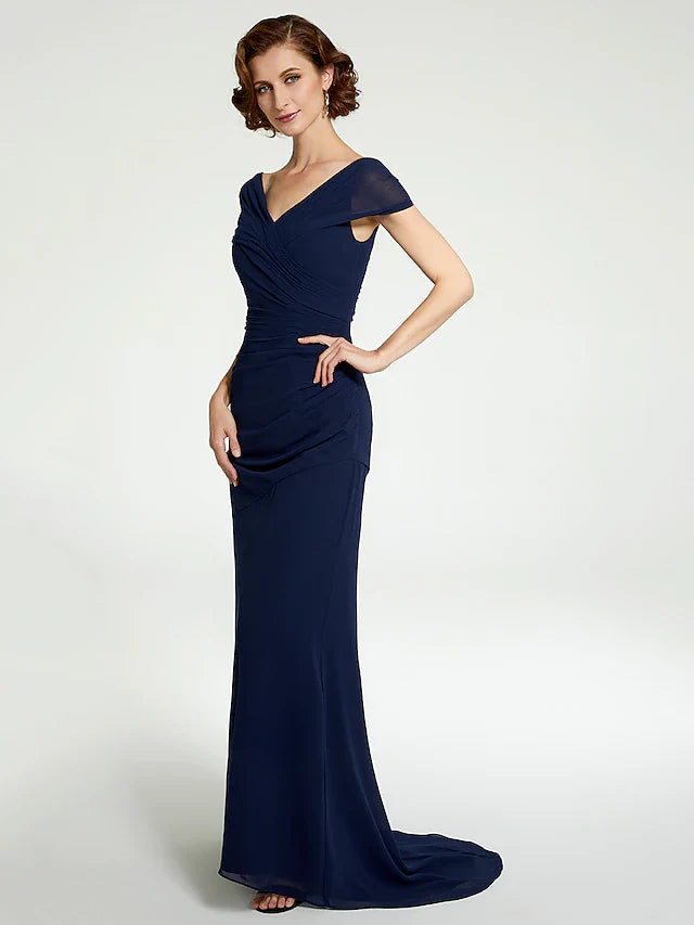 Wholesale A-Line Mother of the Bride Dress V Neck Floor Length Chiffon Sleeveless with Lace Ruching