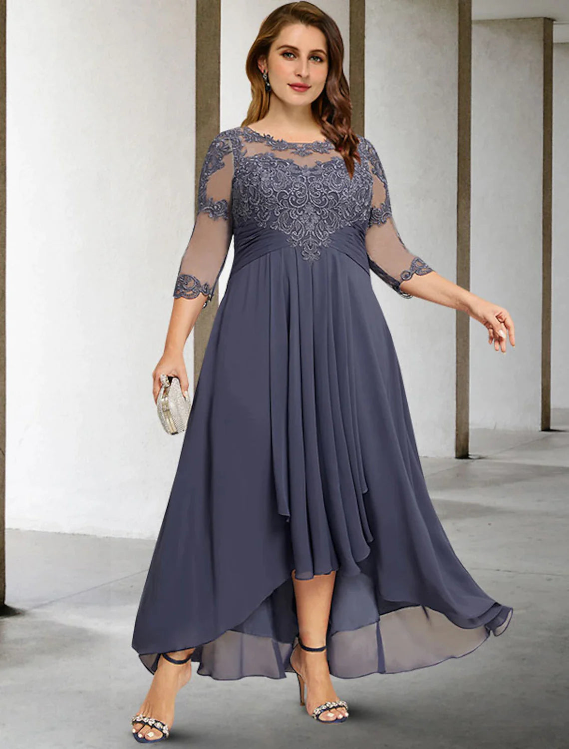Wholesale A-Line Mother of the Bride Dresses Plus Size Hide Belly Curve Elegant Fall Wedding Guest Dress Formal Asymmetrical 3/4 Length Sleeve Jewel Neck Chiffon with Pleats Ruched Appliques