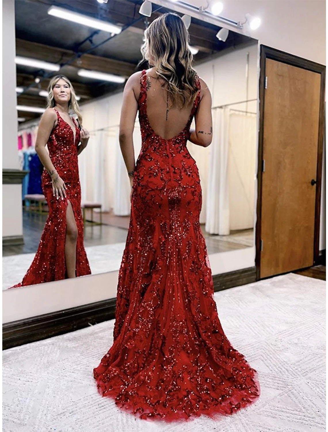 Wholesale  Mermaid / Trumpet Prom Dresses Sparkle & Shine Dress Formal Wedding Party Sweep / Brush Train Sleeveless V Neck Sequined Backless with Sequin