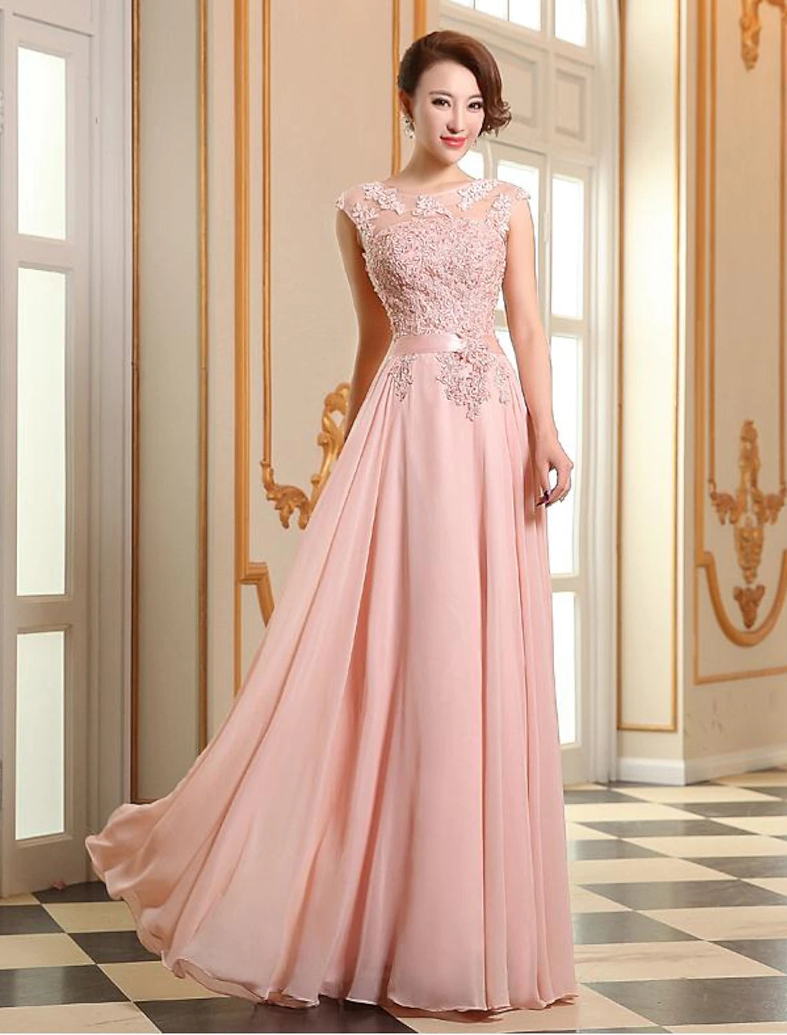 Wholesale A-Line Evening Gown High Waisted Prom Dress Bridesmaid Wedding Guest Chiffon Floor Length Sleeveless Illusion Neck Georgette with Appliques