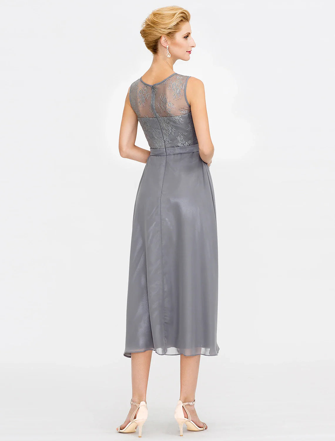 Wholesale A-Line Mother of the Bride Dress Fall Wedding Guest Dresses Plus Size Elegant Illusion Neck Tea Length Chiffon Corded Lace Sleeveless Wrap Included with Lace Pleats