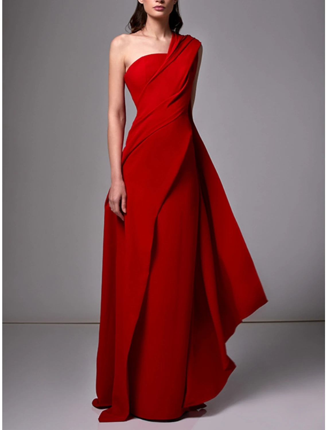 Wholesale Sheath / Column Evening Gown Christmas Red Green Dress Elegant Dress Formal Sweep / Brush Train Sleeveless One Shoulder Stretch Chiffon with Pleats Ruched