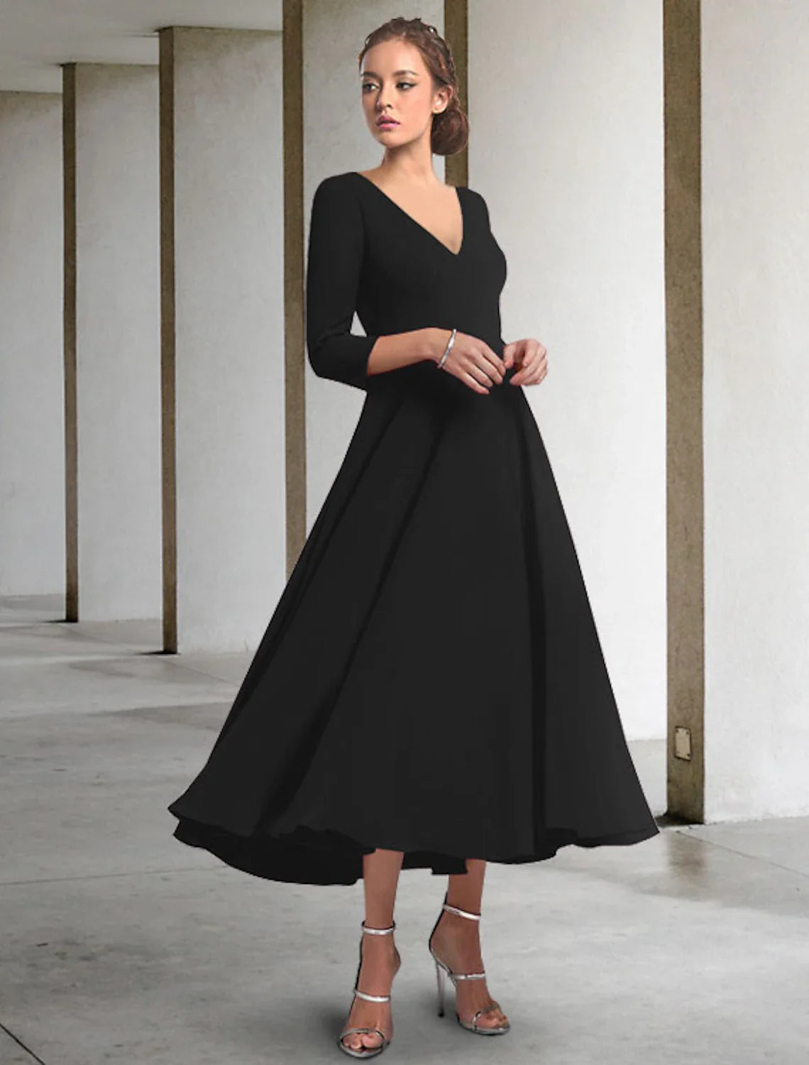 Wholesale A-Line Mother of the Bride Dress Elegant V Neck Tea Length Chiffon 3/4 Length Sleeve with Pleats
