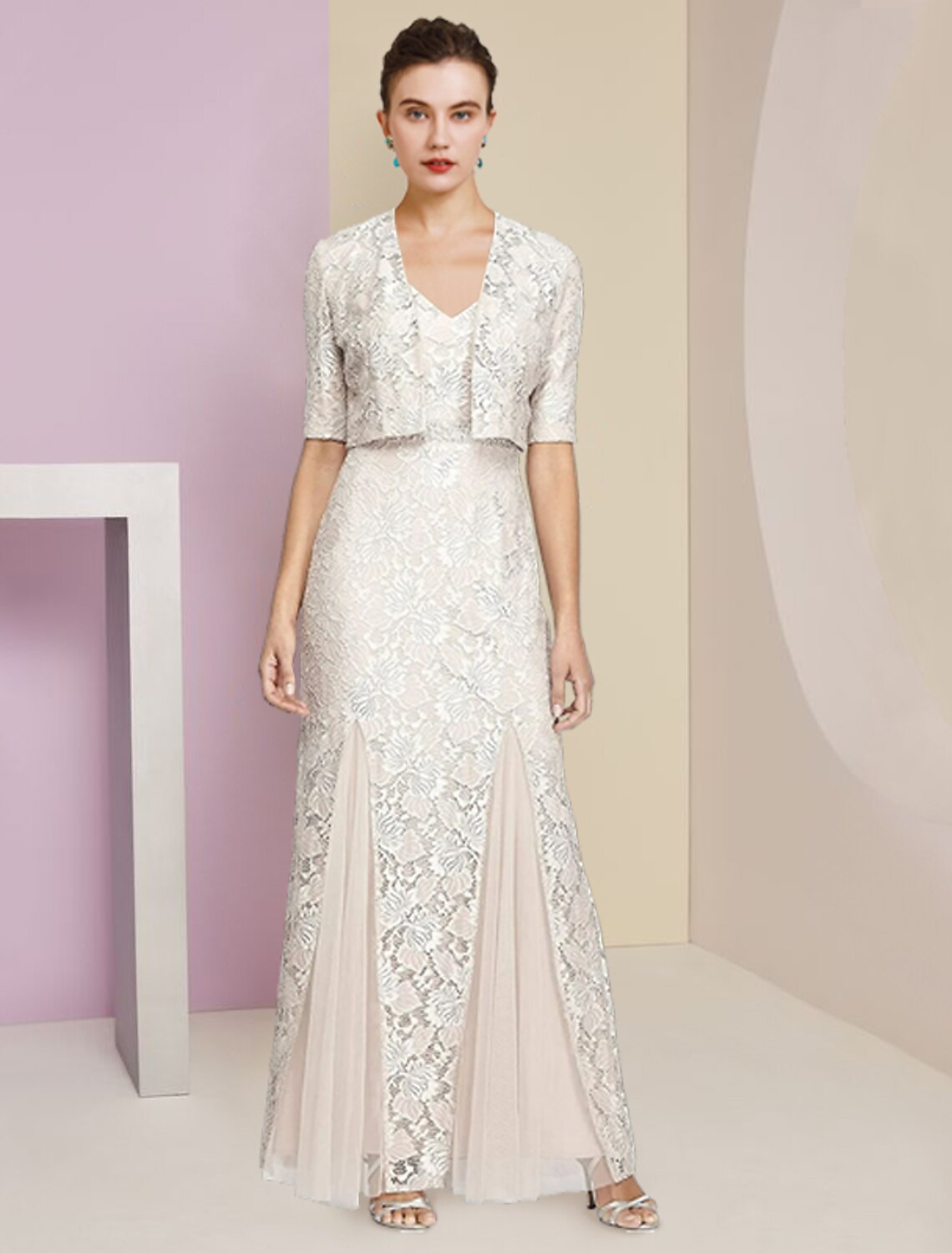 Wholesale  A-Line Mother of the Bride Dress Formal Wedding Guest Elegant V Neck Ankle Length Chiffon Lace Sleeveless Wrap Included with Pleats Appliques