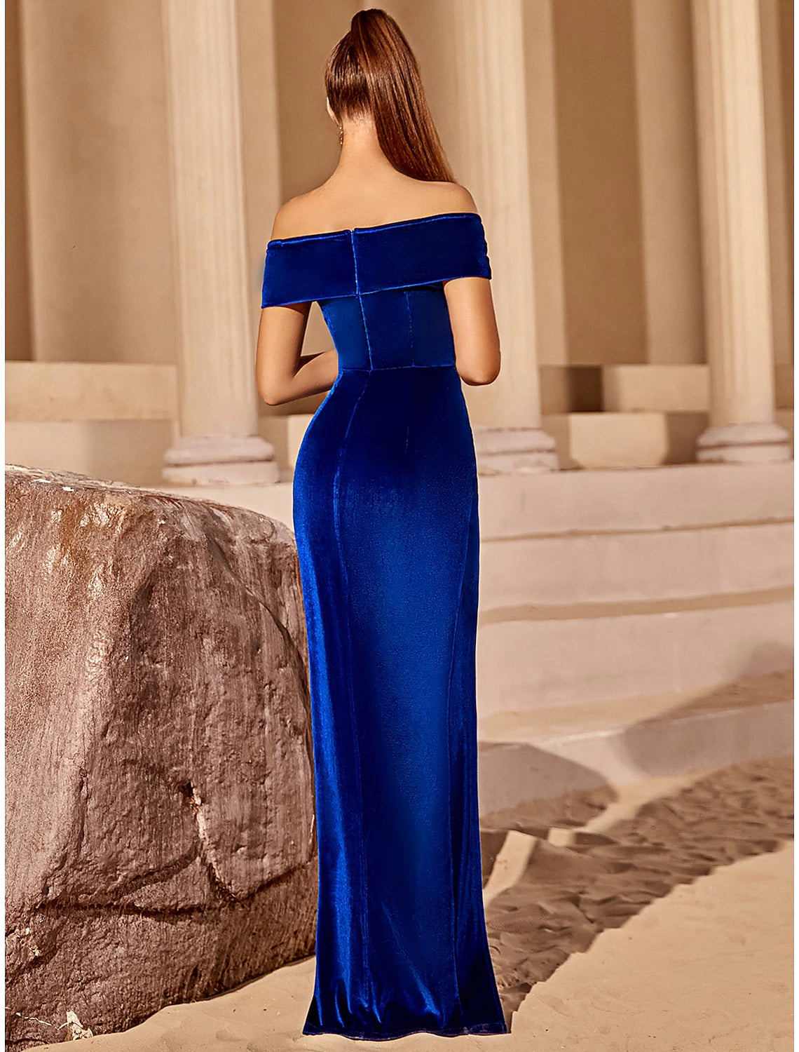 Wholesale Blue Sheath / Column Party Dresses Elegant Dress Party Wear Floor Length Short Sleeve Off Shoulder Velvet with Ruched