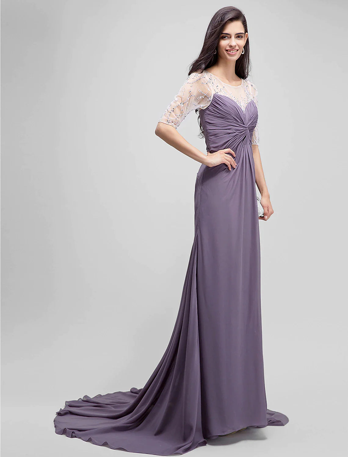 Wholesale A-Line Mother of the Bride Dress Elegant Scoop Neck Floor Length Chiffon Half Sleeve No with Criss Cross Beading