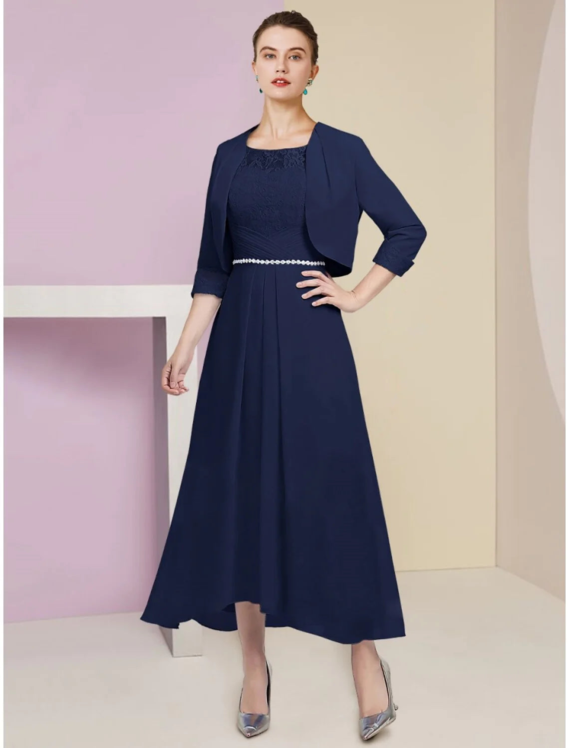Wholesale A-Line Mother of the Bride Dress Wedding Guest Elegant Scoop Neck Ankle Length Stretch Chiffon Half Sleeve with Crystals Ruching