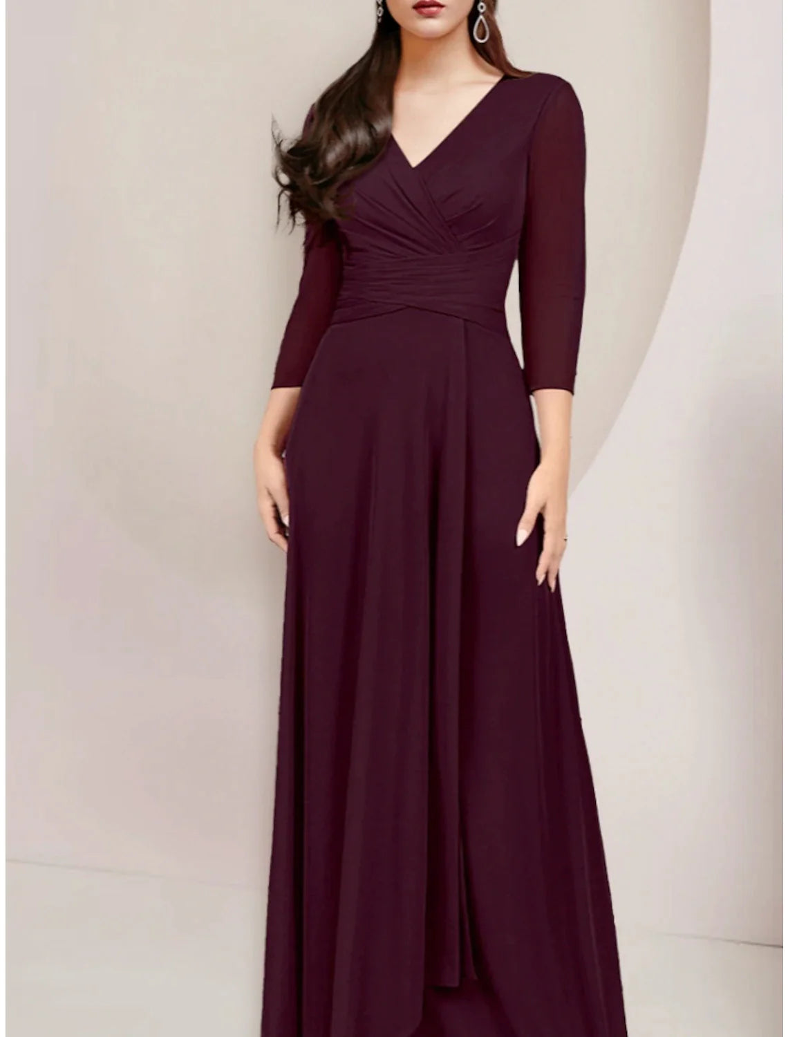 Wholesale A-Line Mother of the Bride Dress Wedding Guest Elegant V Neck Floor Length Chiffon 3/4 Length Sleeve with Ruching Solid Color