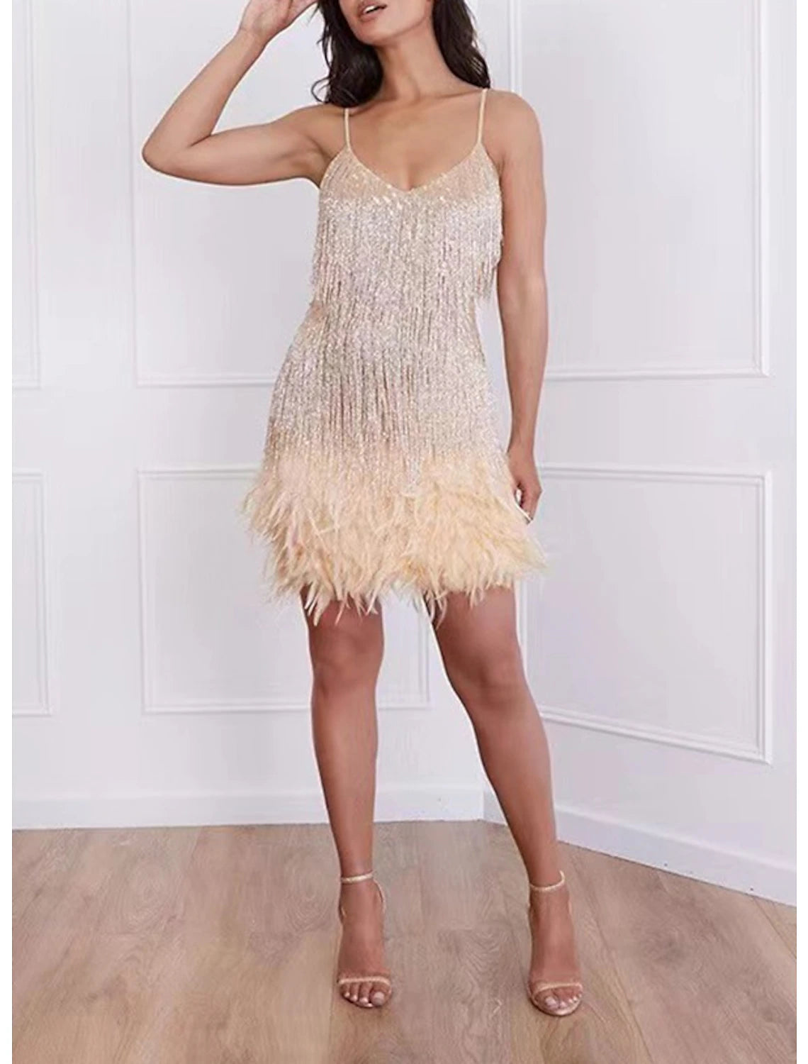 Wholesale A-Line Party Dresses Sparkle & Shine Dress Prom Wedding Party Short / Mini Sleeveless Spaghetti Strap Sequined with Feather Fringe Sequin