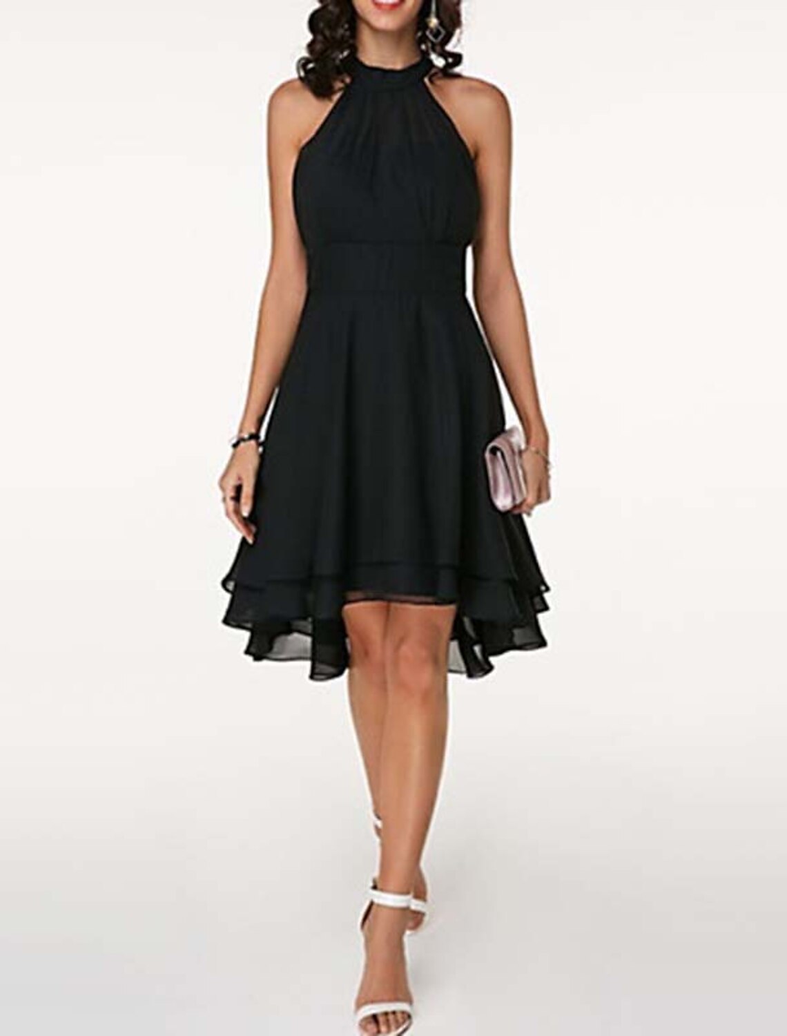 Wholesale A-Line Party Dresses Casual Dress Wedding Guest Summer Knee Length Sleeveless Halter Neck Chiffon V Back with Ruffles