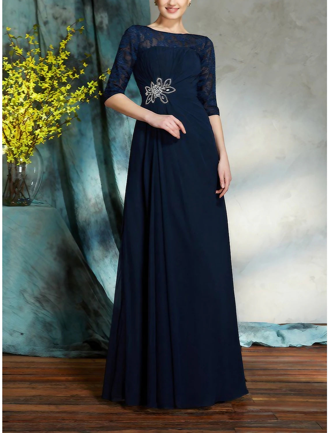Wholesale A-Line Mother of the Bride Dress Wedding Guest Elegant Scoop Neck Floor Length Chiffon Half Sleeve with Lace Crystals Ruching