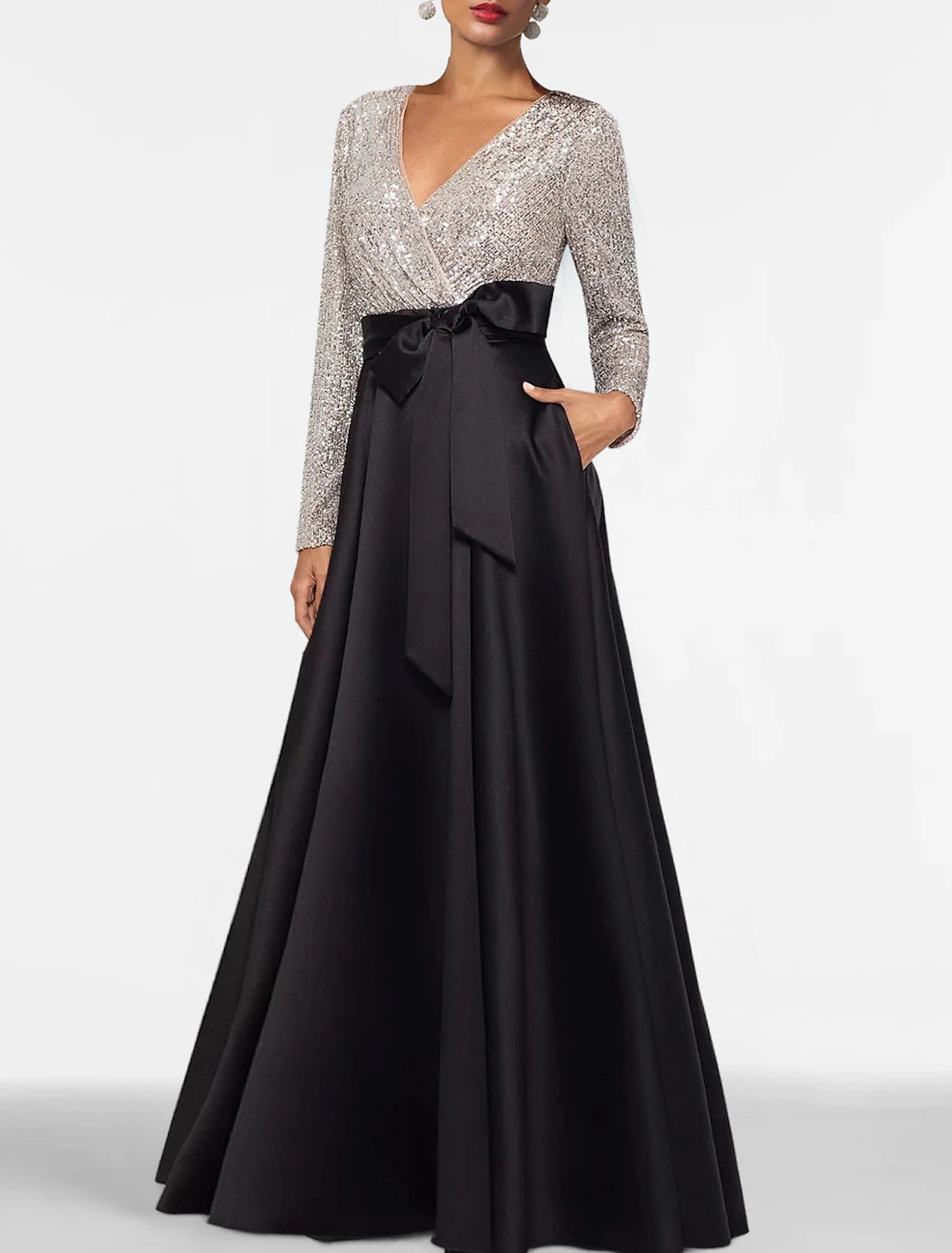 Wholesale A-Line Evening Gown Black Dress Plus Size Color Block Dress Formal Floor Length Long Sleeve V Neck Fall Wedding Guest Satin with Sequin Pocket