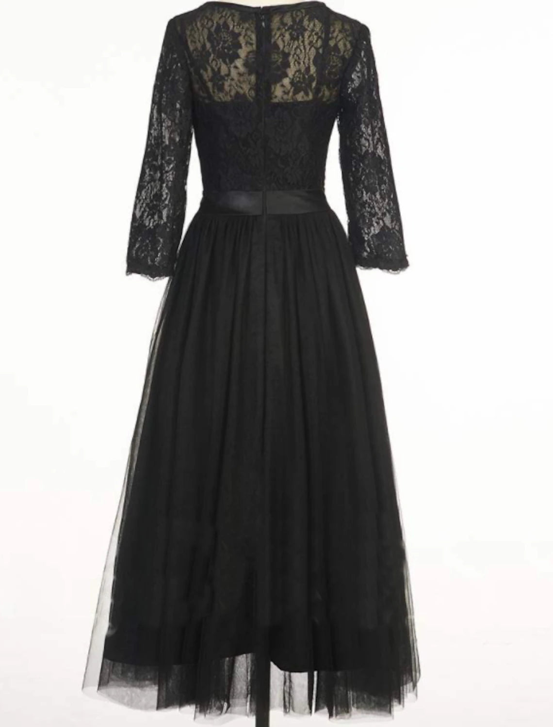 Wholesale A-Line Cocktail Black Dress Vintage Dress Halloween Ankle Length 3/4 Length Sleeve Jewel Neck Fall Wedding Guest Tulle with Pleats Lace Insert