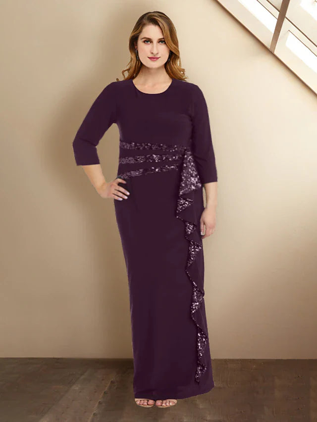 Wholesale Sheath / Column Plus Size Curve Mother of the Bride Dresses Elegant Dress Formal Floor Length 3/4 Length Sleeve Jewel Neck Sequined with Ruffles Splicing Strappy