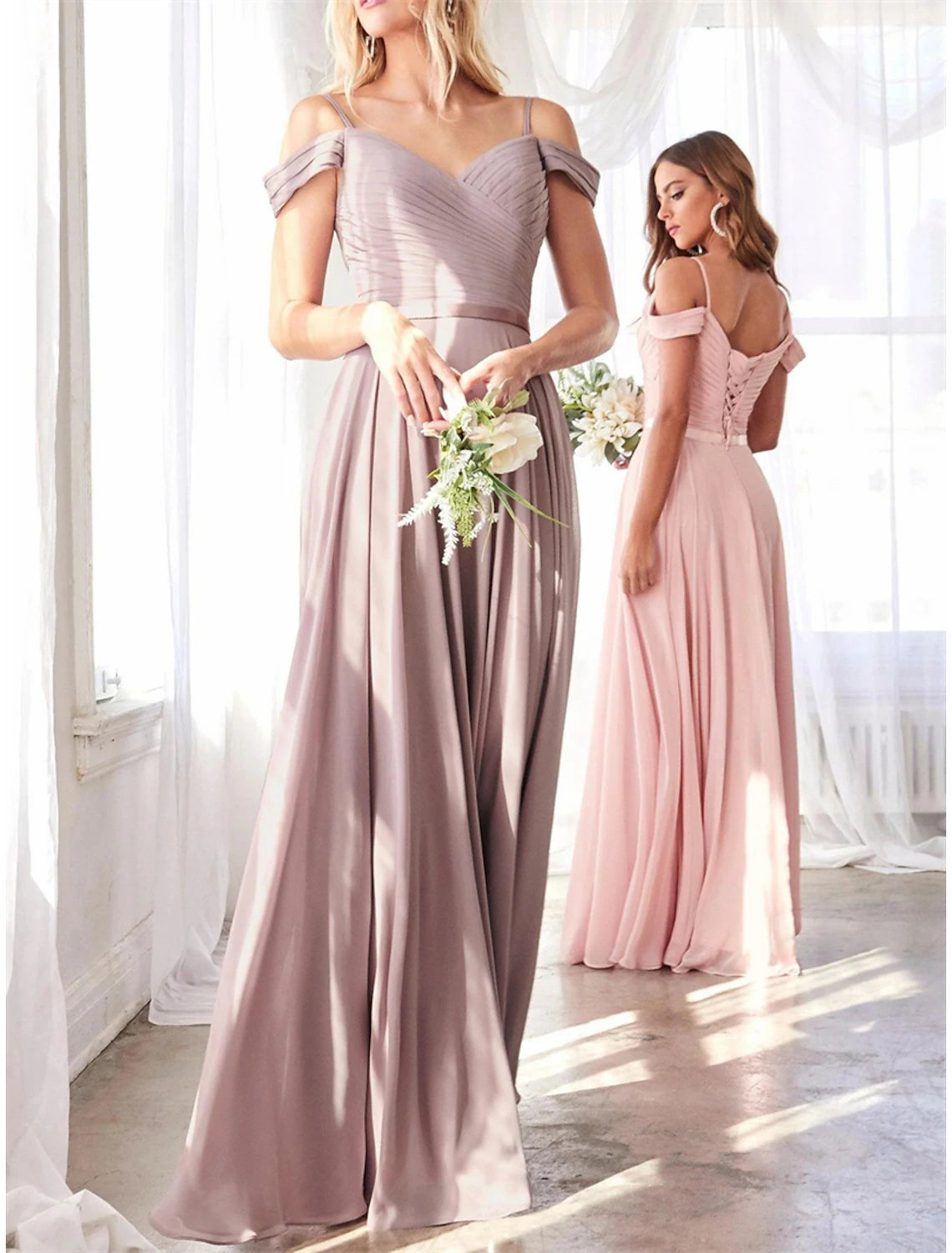 Wholesale A-Line Bridesmaid Dress Off Shoulder Sleeveless Pink Floor Length Chiffon with Sash / Ribbon / Ruching