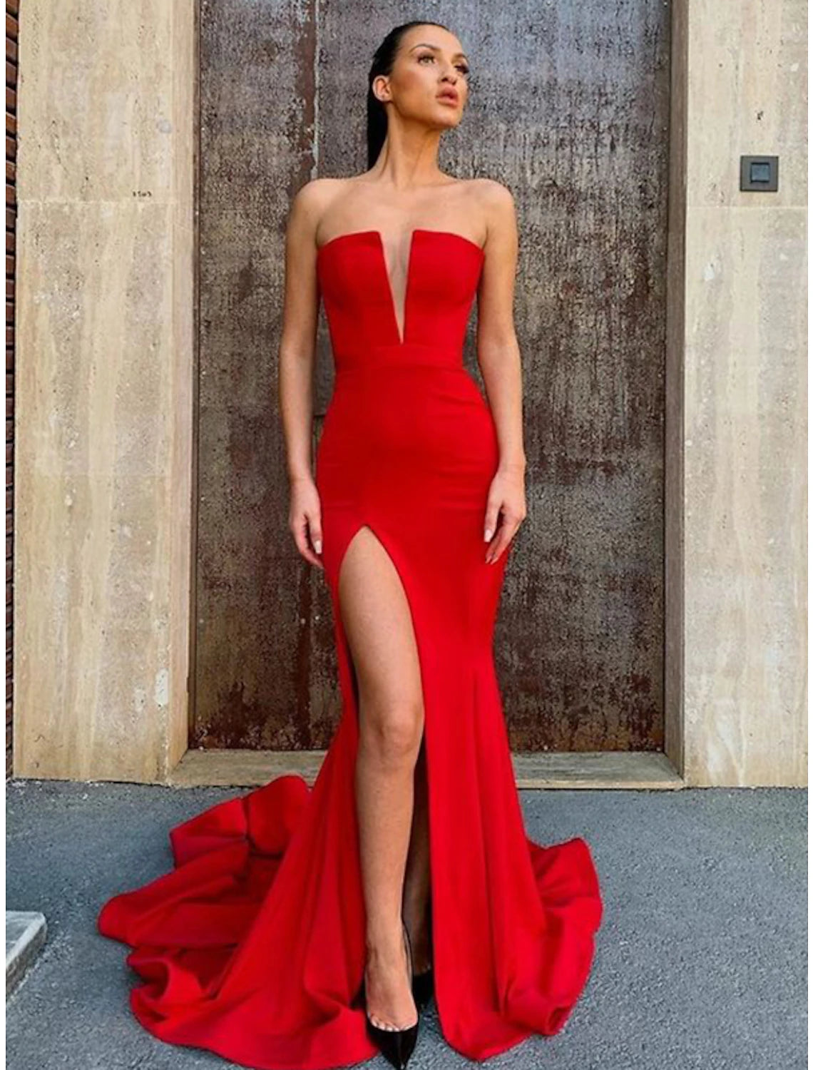 Wholesale  Mermaid / Trumpet Prom Dresses Open Back Dress Prom Formal Evening Court Train Sleeveless Strapless Belt / Sash Satin with Slit