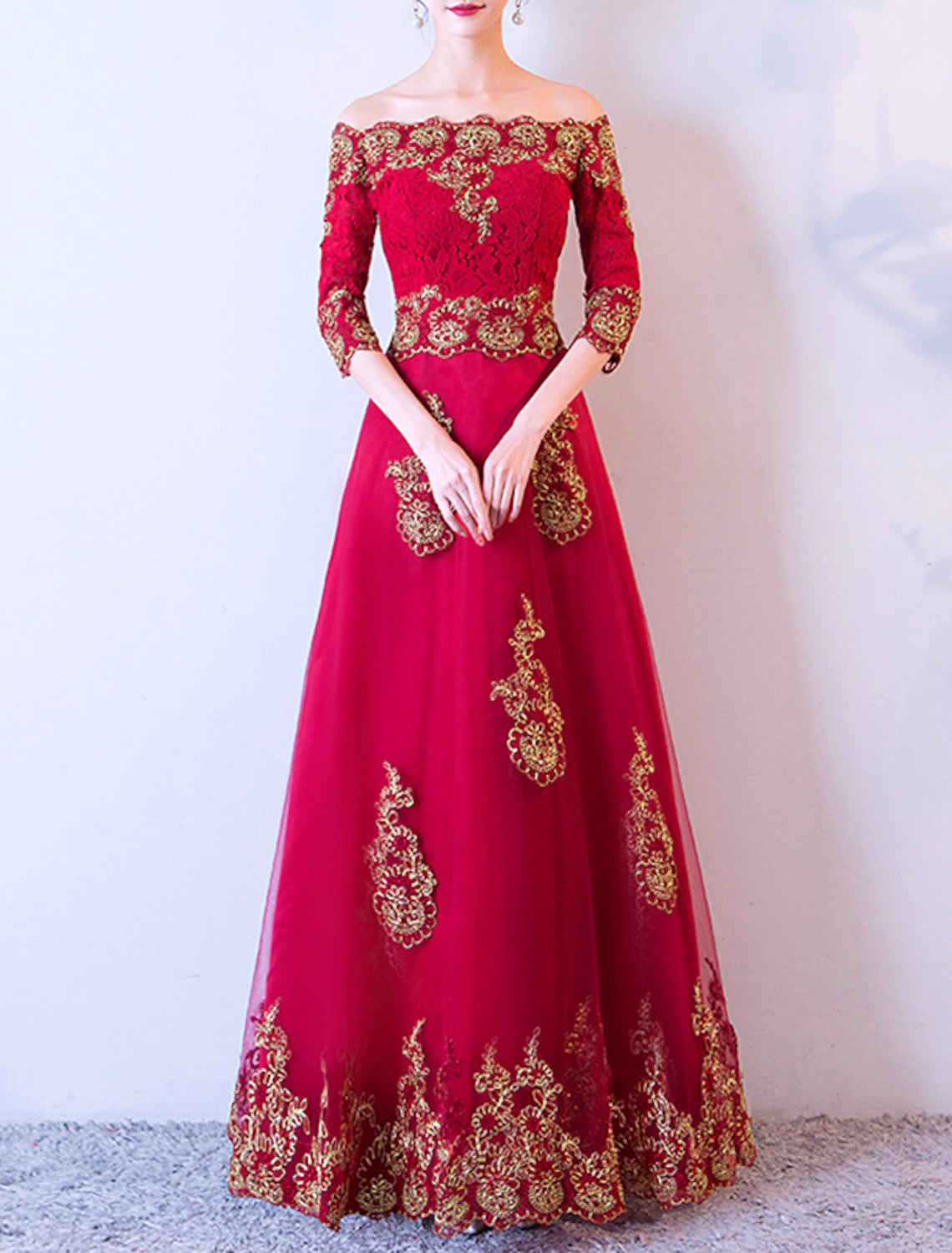 Wholesale A-Line Glittering Floral Engagement Formal Evening Dress Off Shoulder Half Sleeve Floor Length Lace with Embroidery Appliques