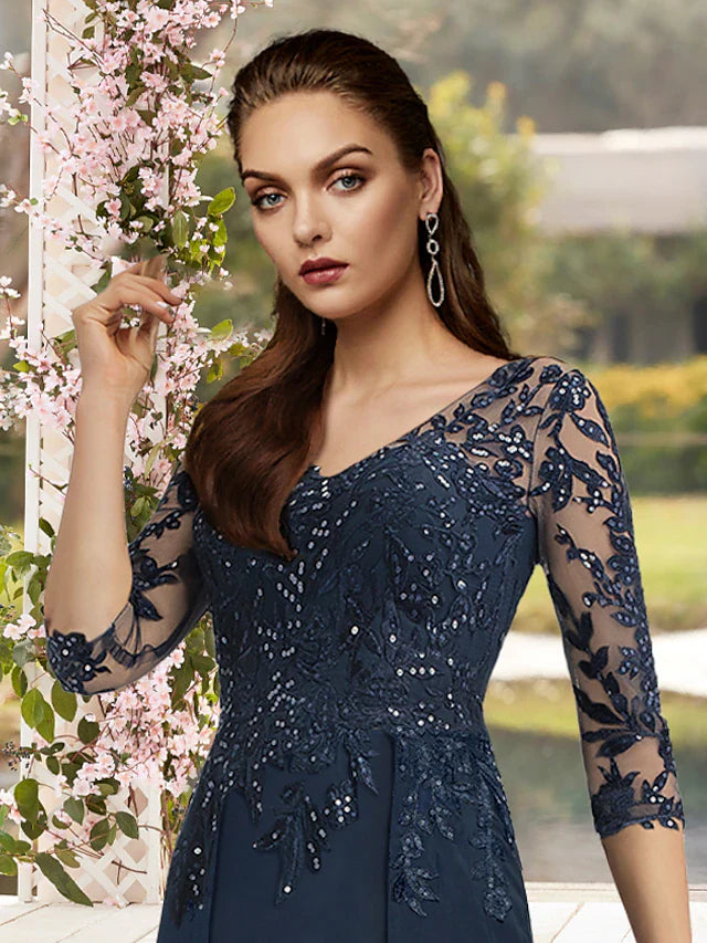 Wholesale Sheath / Column Mother of the Bride Dress Elegant Sparkle & Shine V Neck Floor Length Chiffon Lace 3/4 Length Sleeve with Sequin Appliques