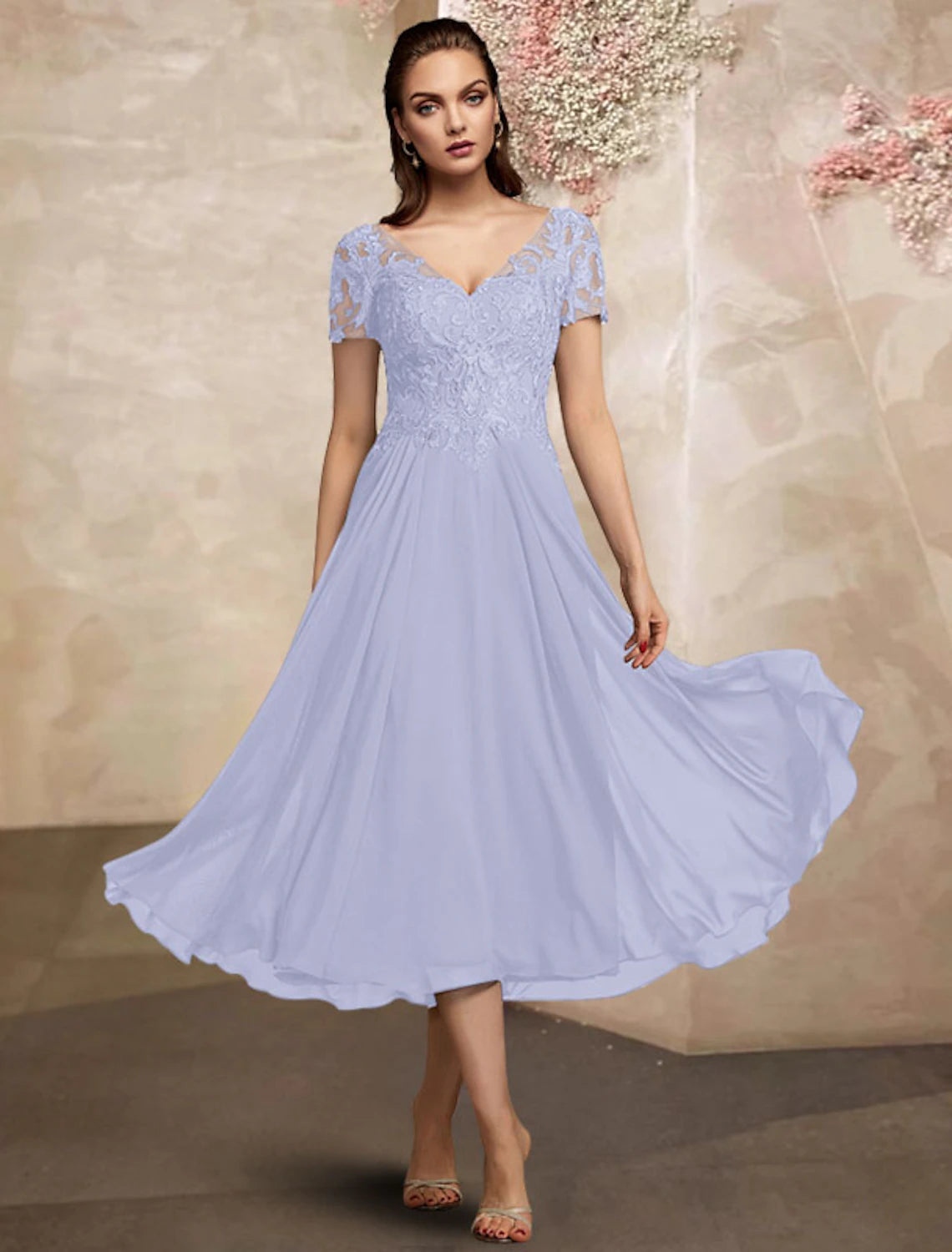 Wholesale  A-Line Mother of the Bride Dress Plus Size Elegant V Neck Tea Length Chiffon Lace Short Sleeve with Pleats Appliques