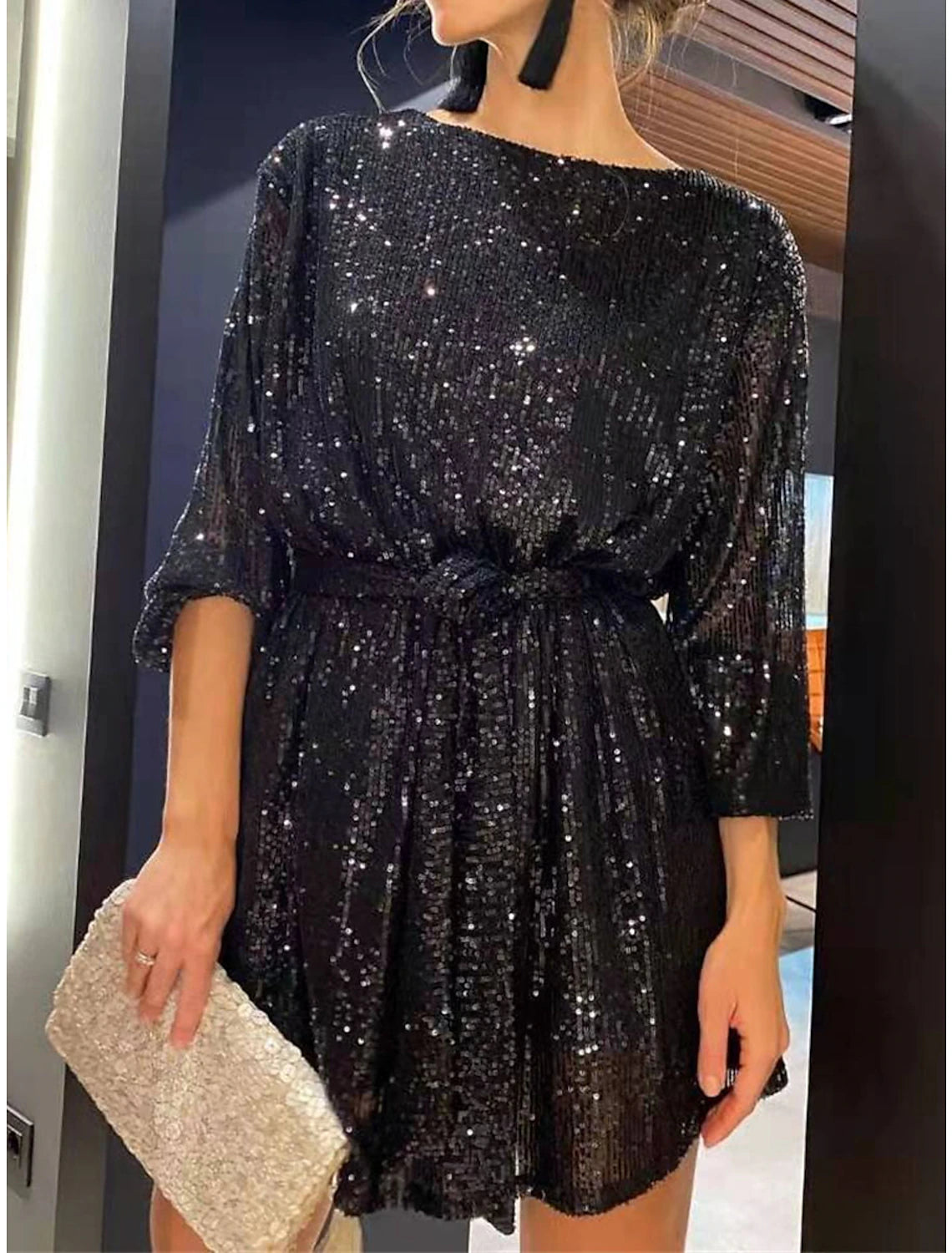 Wholesale Women's Gold Sequin Dress Party Dress New Year's Eve Dress Sparkly Dress Black Dress Homecoming Cocktail Dress Mini Dress Silver White Long Sleeve Sparkly Glitter Lace up Winter Dress