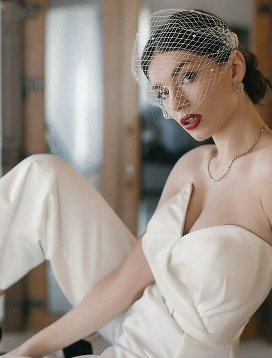 Wholesale One-tier Pearls / European Style Wedding Veil Blusher Veils / Birdcage Veils with Faux Pearl Tulle