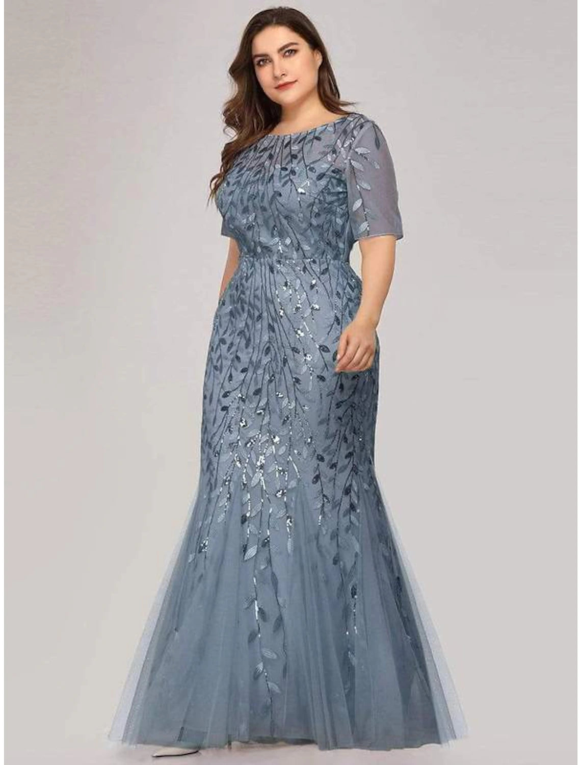 Wholesale Mermaid / Trumpet Empire Elegant Party Wear Formal Evening Dress Jewel Neck Short Sleeve Floor Length Tulle with Embroidery