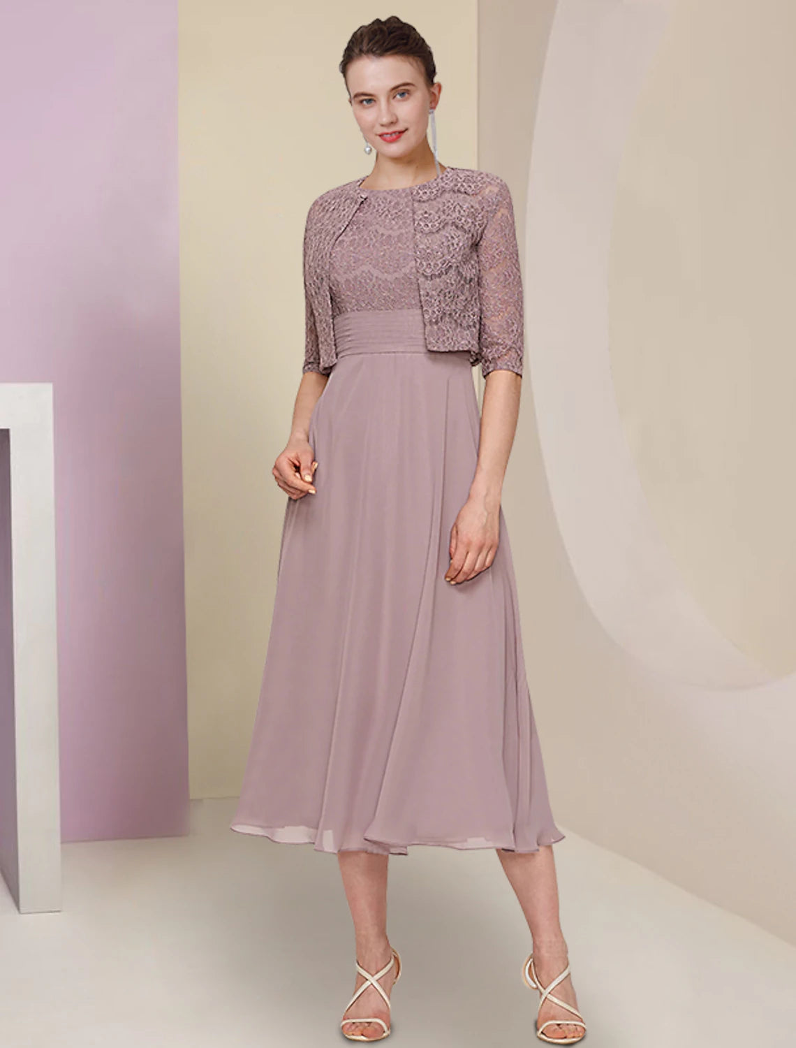 Wholesale  Two Piece Mother of the Bride Dress Wedding Guest Church Elegant Jewel Neck Tea Length Chiffon Lace Half Sleeve with Solid
