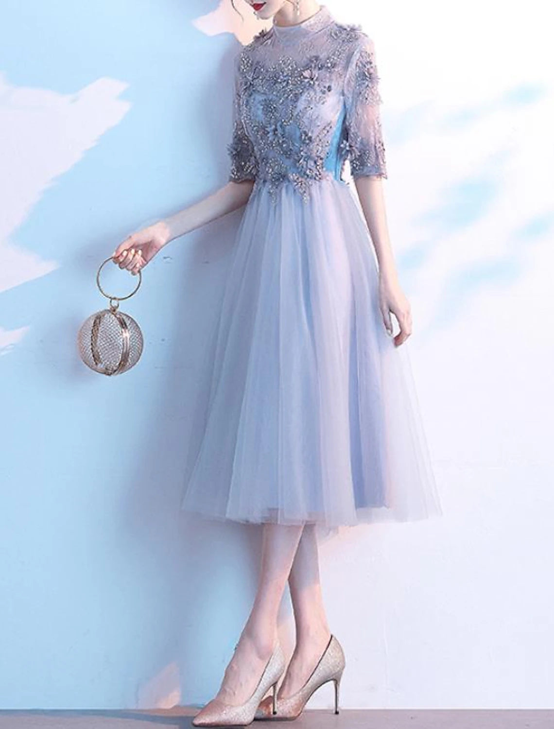 Wholesale A-Line Cocktail Dresses Floral Dress Party Wear Wedding Guest Knee Length Half Sleeve High Neck Lace with Pleats Sequin Appliques