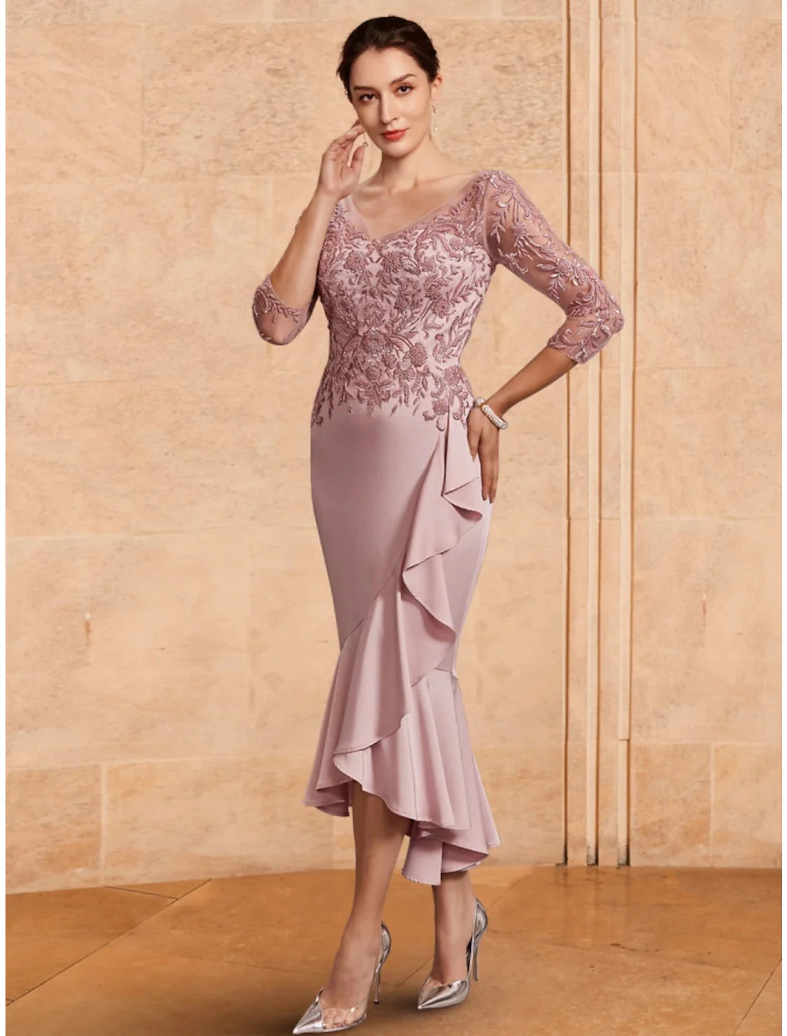 Wholesale A-Line Mother of the Bride Dress Wedding Guest Elegant V Neck Ankle Length Stretch Fabric 3/4 Length Sleeve with Lace Ruching Solid Color