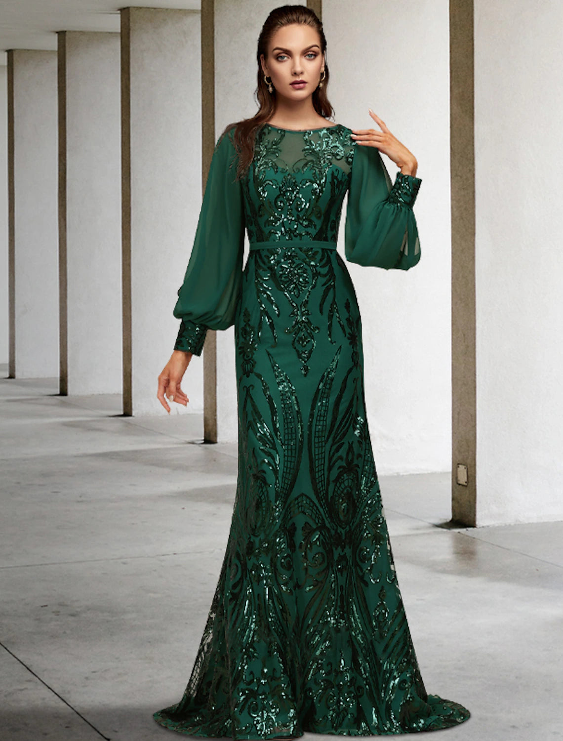 Wholesale  Mermaid / Trumpet Mother of the Bride Dress Wedding Guest Elegant Sparkle & Shine Jewel Neck Sweep / Brush Train Chiffon Sequined Long Sleeve with Sequin Appliques
