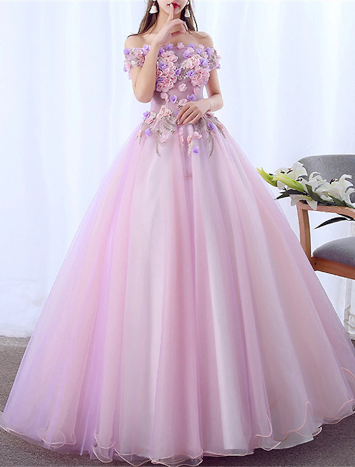 Wholesale Ball Gown Quinceanera Dresses Princess Dress Performance Sweet 16 Floor Length Short Sleeve Off Shoulder Polyester with Appliques