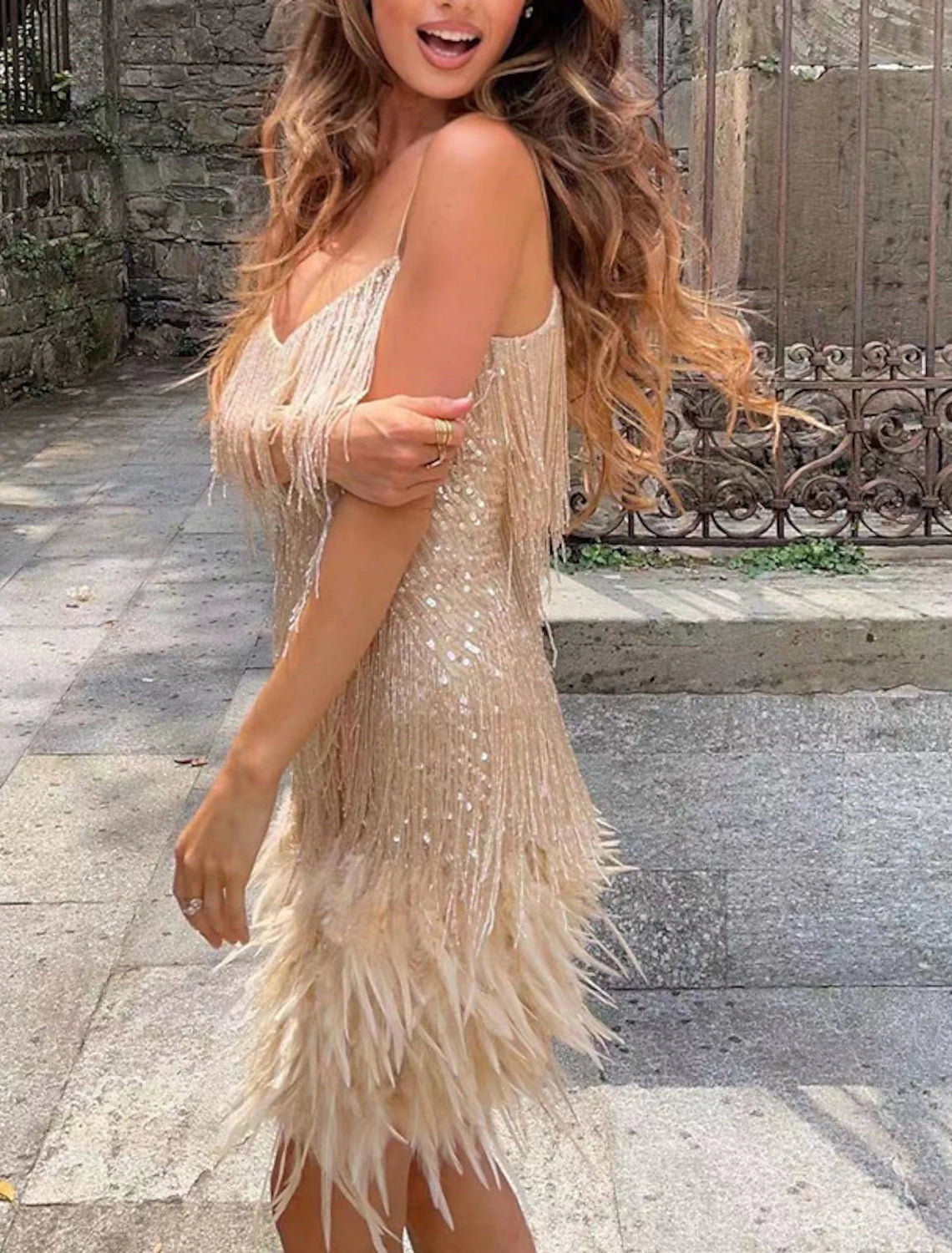 Wholesale A-Line Party Dresses Sparkle & Shine Dress Prom Wedding Party Short / Mini Sleeveless Spaghetti Strap Sequined with Feather Fringe Sequin