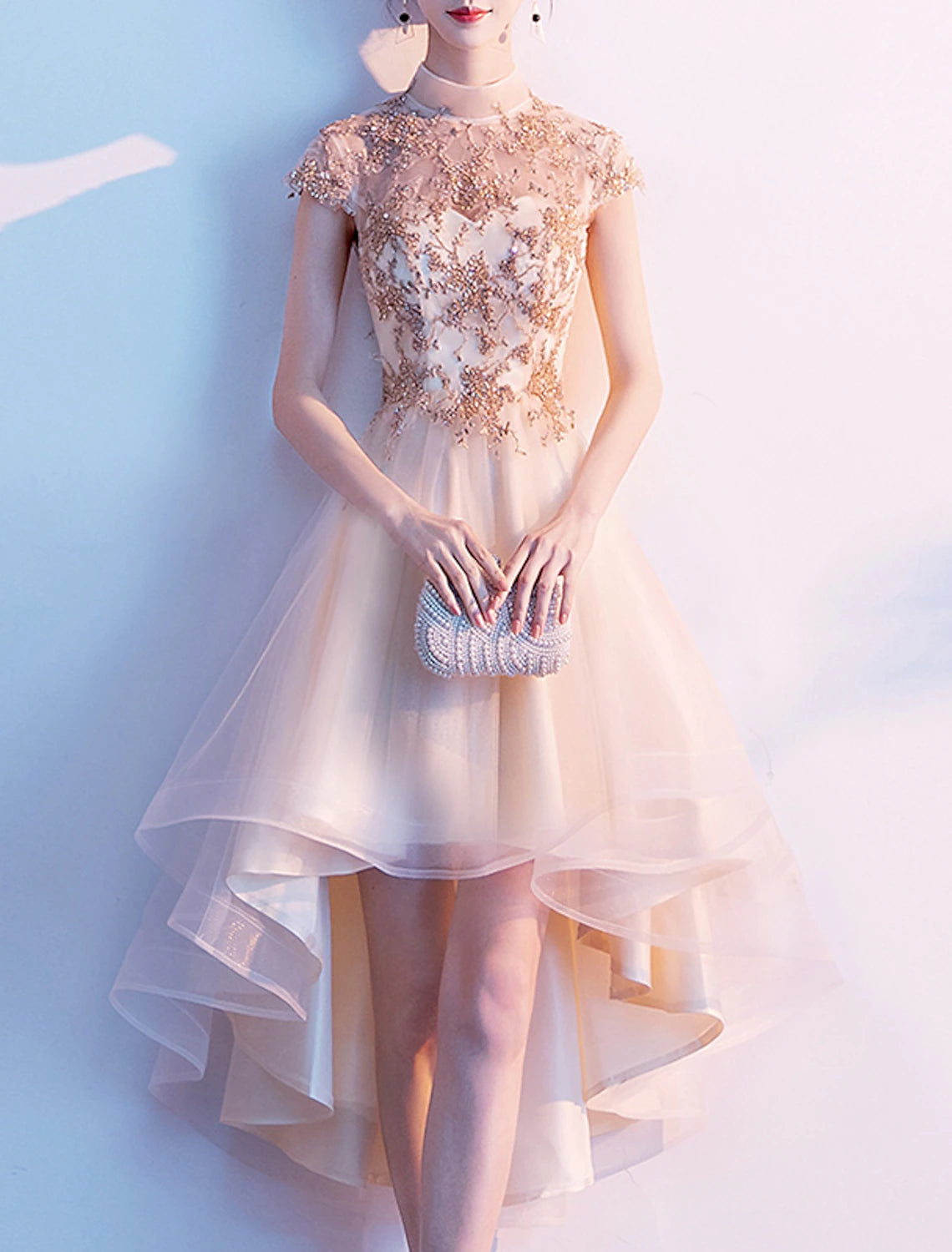 Wholesale A-Line Cocktail Dresses Chinese Style Dress Wedding Guest Homecoming Asymmetrical Short Sleeve High Neck Tulle with Pleats Appliques