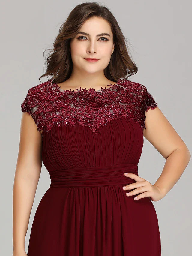 Wholesale A-Line Mother of the Bride Dress Plus Size Jewel Neck Floor Length Chiffon Short Sleeve with Lace Ruching