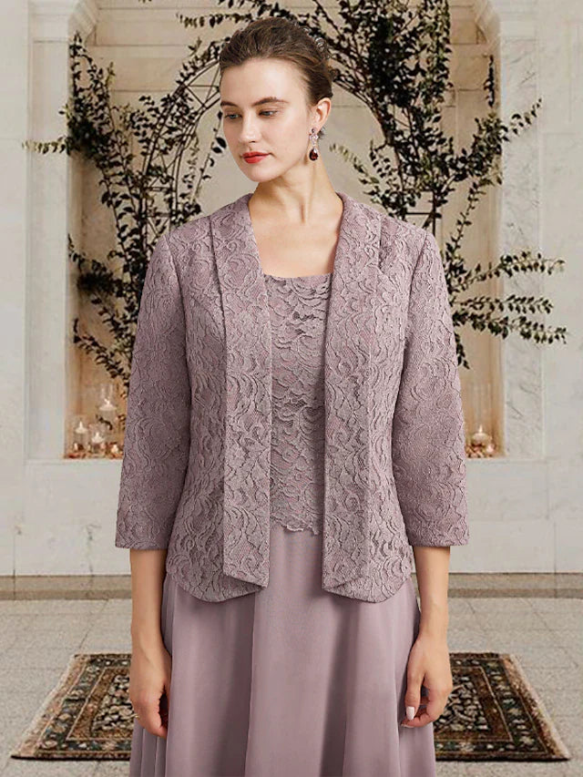 Wholesale Two Piece A-Line Mother of the Bride Dress Church Elegant Jewel Neck Floor Length Tea Length Chiffon Lace Sleeveless Short Jacket Dresses with Ruffles Appliques