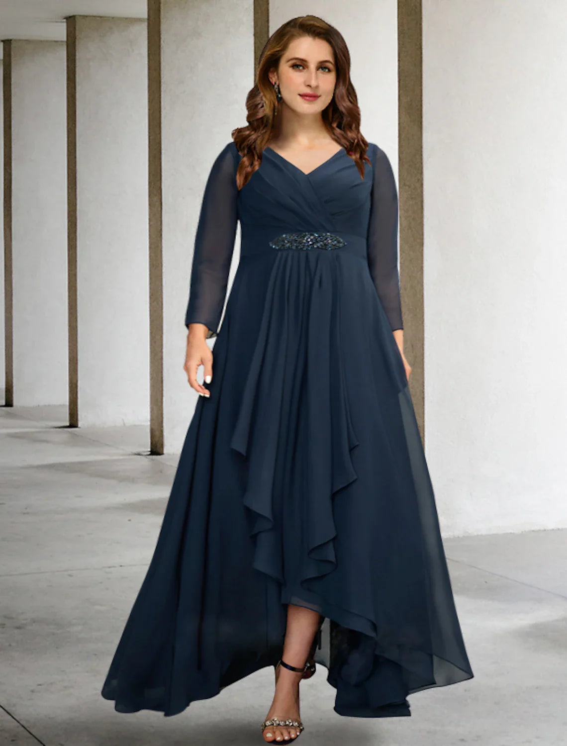 Wholesale A-Line Mother of the Bride Dresses Plus Size Hide Belly Curve Elegant Dress Formal Asymmetrical Long Sleeve V Neck Chiffon with Pleats Crystals