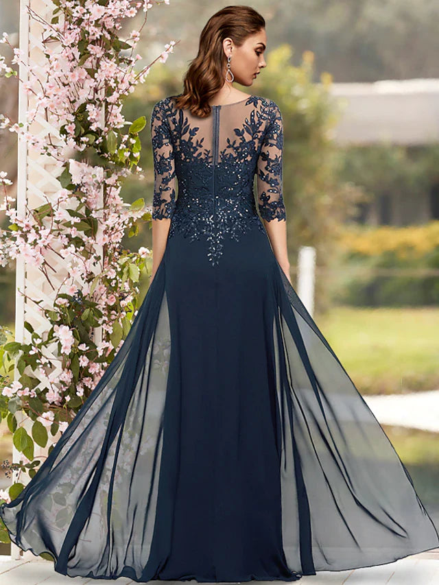 Wholesale Sheath / Column Mother of the Bride Dress Elegant Sparkle & Shine V Neck Floor Length Chiffon Lace 3/4 Length Sleeve with Sequin Appliques