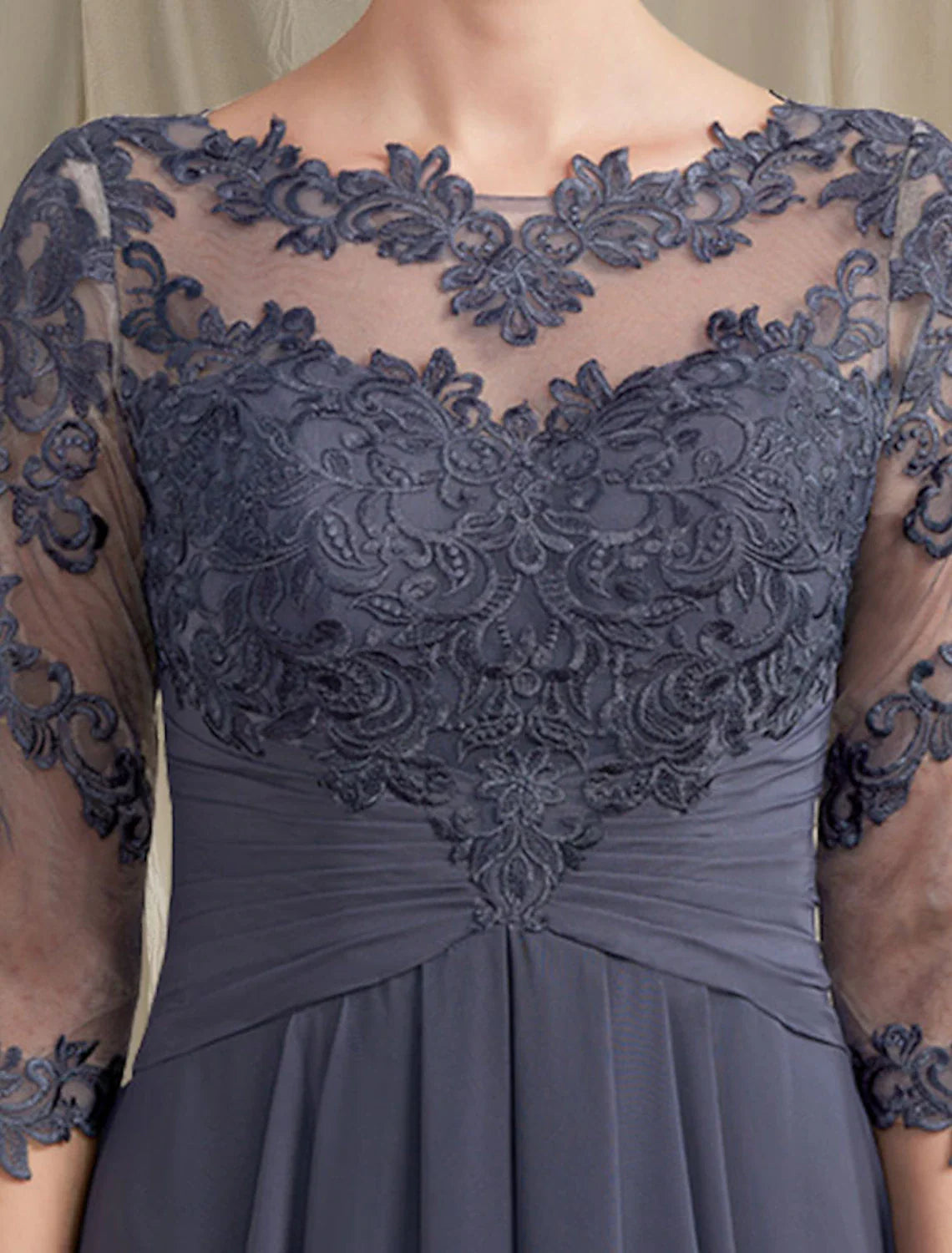 Wholesale A-Line Mother of the Bride Dress Plus Size Elegant Jewel Neck Tea Length Chiffon Lace 3/4 Length Sleeve with Pleats Appliques