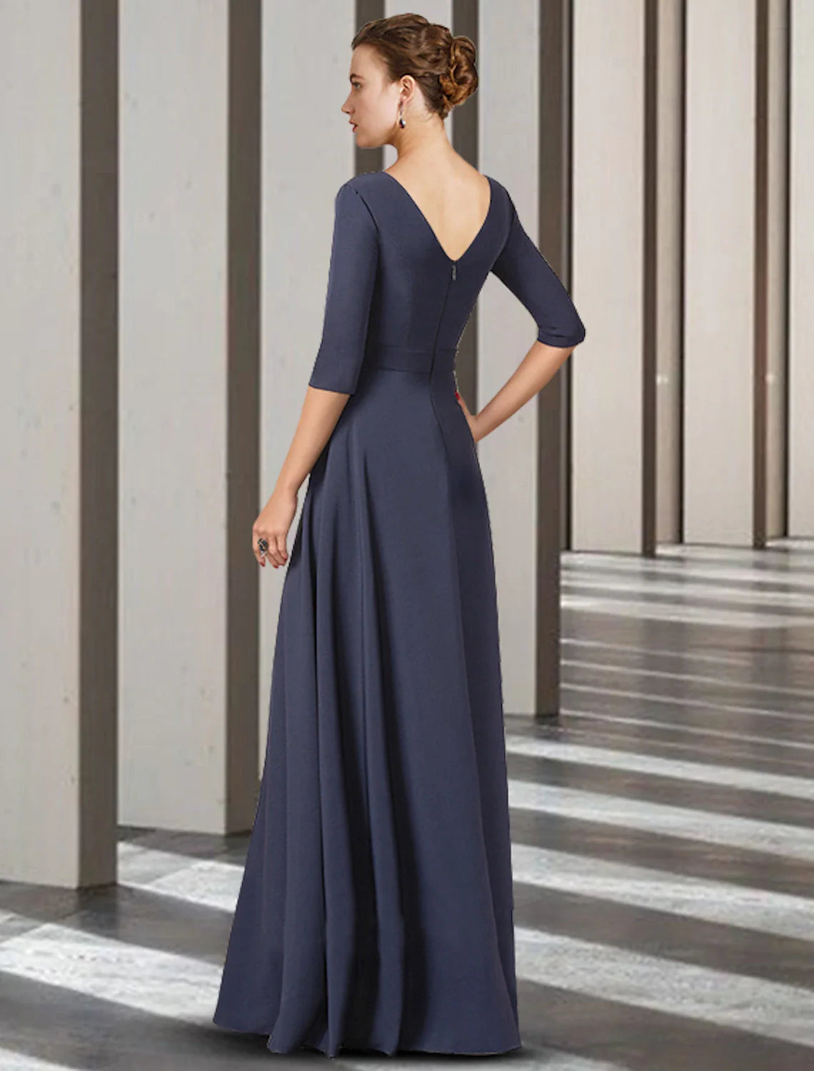 Wholesale Sheath / Column Mother of the Bride Dress Elegant V Neck Floor Length Stretch Chiffon Half Sleeve with Bow(s) Pleats