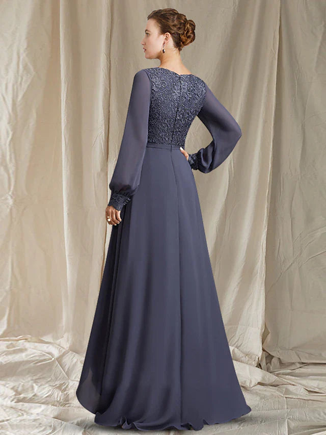 Wholesale A-Line Mother of the Bride Dress Elegant High Low V Neck Sweep / Brush Train Asymmetrical Tea Length Chiffon Lace Long Sleeve with Pleats Appliques