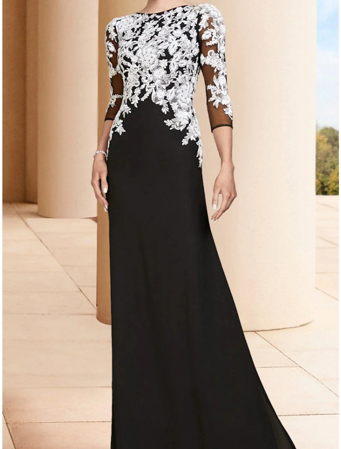 Wholesale Sheath / Column Mother of the Bride Dress Wedding Guest Elegant Jewel Neck Floor Length Stretch Chiffon 3/4 Length Sleeve with Lace Ruching