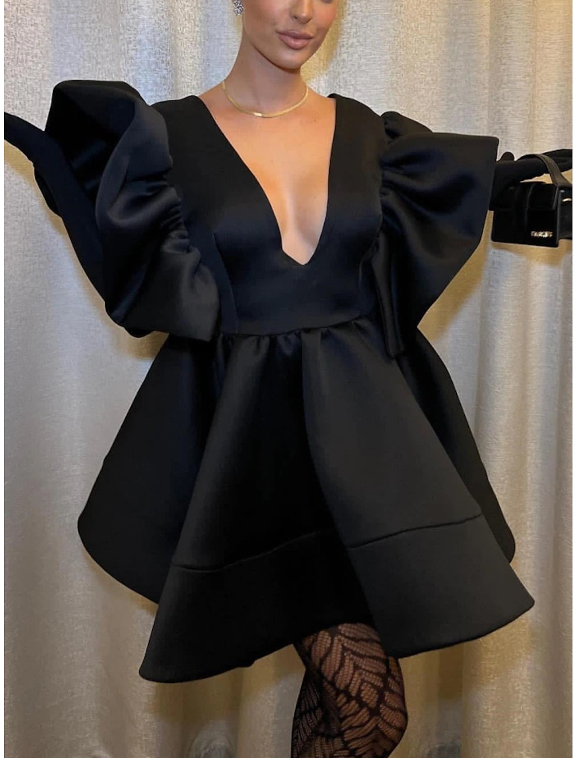 Wholesale A-Line Homecoming Dresses Vintage Dress Homecoming Short / Mini Black Dress Short Sleeve V Neck Satin with Bow(s) Pleats Ruched