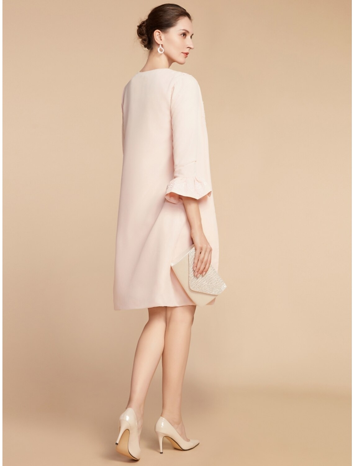 Wholesale Two Piece A-Line Mother of the Bride Dress Wedding Guest Elegant Petite Jewel Neck Short / Mini Lace Stretch Fabric 3/4 Length Sleeve with Bow(s) Ruffles Solid Color