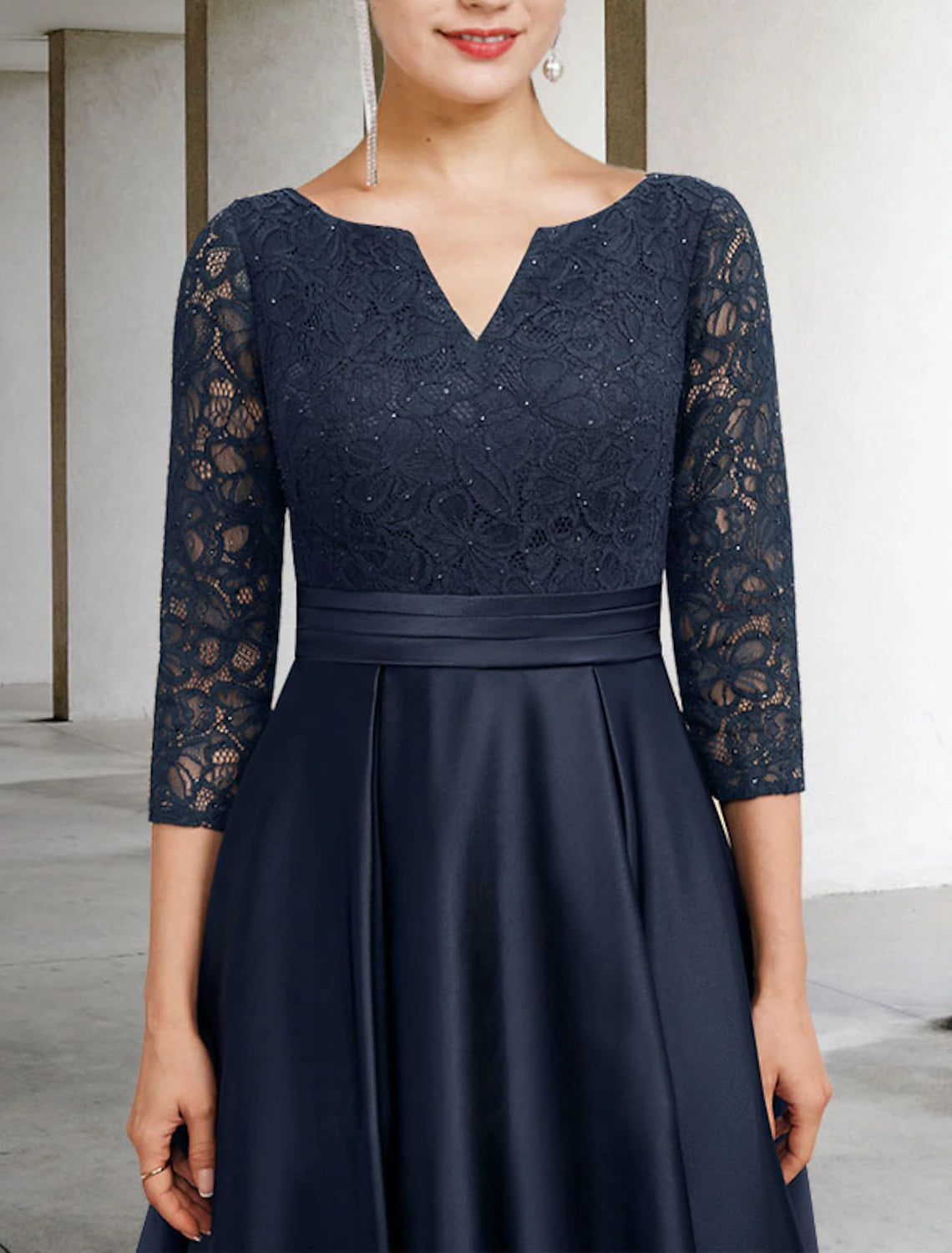 Wholesale  A-Line Mother of the Bride Dress Plus Size Elegant V Neck Ankle Length Satin Lace 3/4 Length Sleeve No with Pleats Ruched