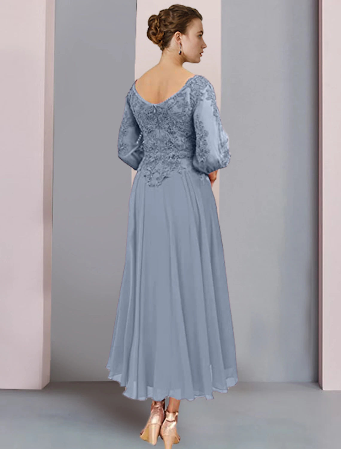 Wholesale  Two Piece A-Line Mother of the Bride Dress Formal Wedding Guest Elegant V Neck Tea Length Chiffon Lace 3/4 Length Sleeve Wrap Included with Pleats Appliques