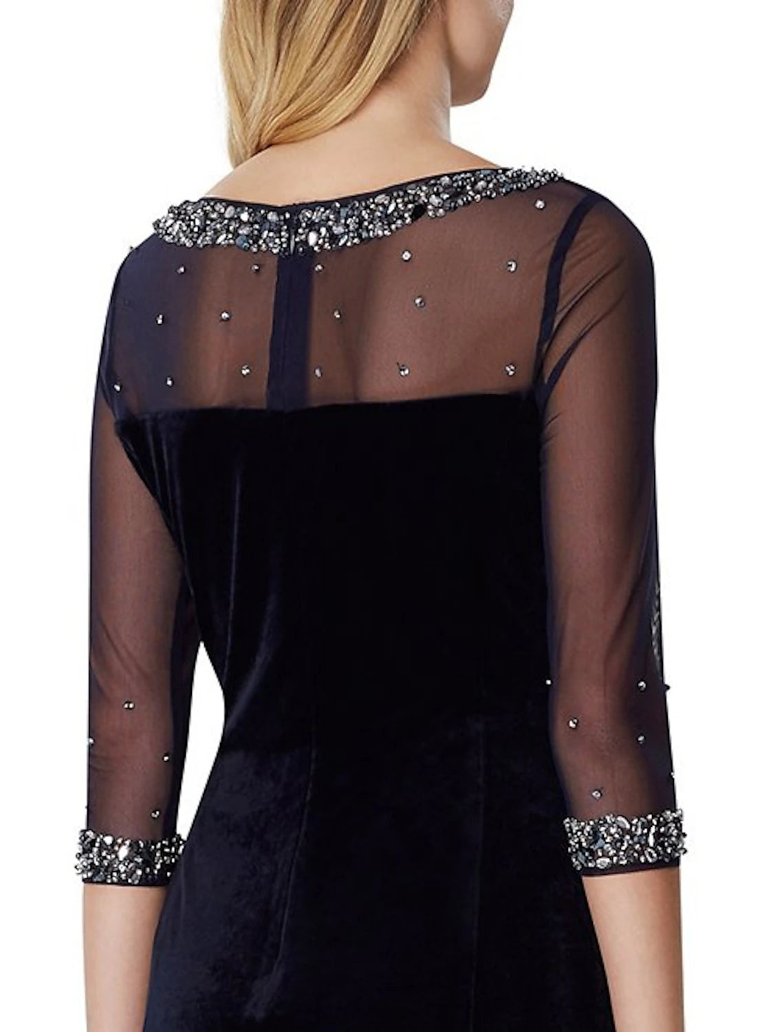 Wholesale Sheath / Column Cocktail Dresses Black Dress Wedding Guest Cocktail Party Knee Length 3/4 Length Sleeve Illusion Neck Fall Wedding Guest Stretch Satin with Crystals Sequin