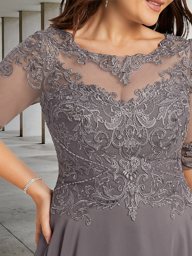 Wholesale A-Line Plus Size Curve Mother of the Bride Dresses Elegant Dress Formal Asymmetrical Half Sleeve Jewel Neck Chiffon with Beading Appliques