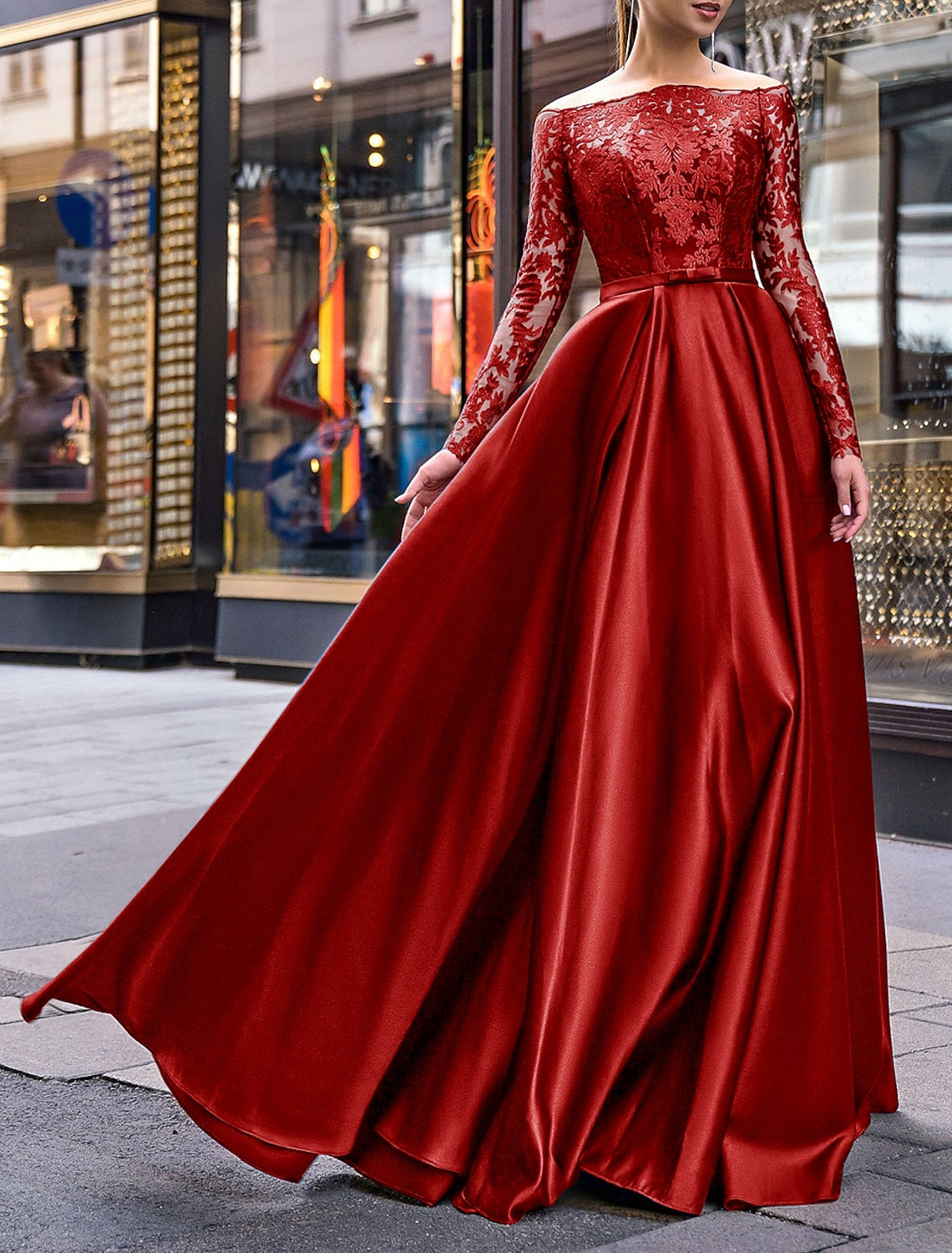 Wholesale A-Line Evening Gown Party Dress Christmas Red Green Dress Elegant Dress Wedding Guest Fall Floor Length Long Sleeve Off Shoulder Belt / Sash Satin with Appliques
