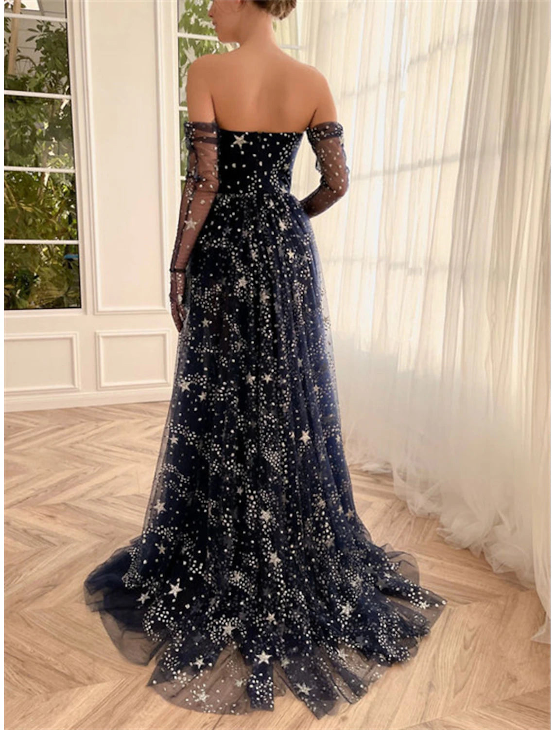 Wholesale A-Line Prom Dresses Sparkle & Shine Dress Wedding Guest Birthday Sweep / Brush Train Long Sleeve Strapless Tulle with Sequin Slit