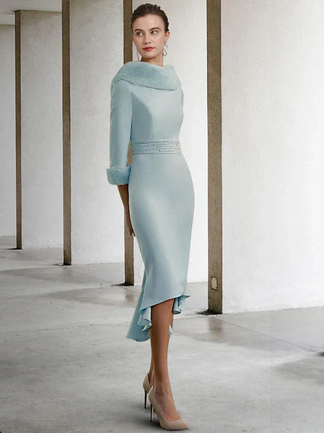 Wholesale Mermaid / Trumpet Sheath / Column Mother of the Bride Dress Vintage Elegant High Low Jewel Neck V Neck Asymmetrical Knee Length Stretch Chiffon 3/4 Length Sleeve with Ruched Beading